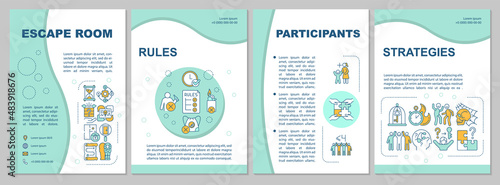 Escape room planning mint brochure template. Rules and strategies. Leaflet design with linear icons. 4 vector layouts for presentation, annual reports. Arial, Myriad Pro-Regular fonts used