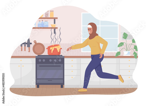Disaster in kitchen 2D vector isolated illustration. Worried woman running to burning soup on stove flat characters on cartoon background. Everyday situation and daily life colourful scene