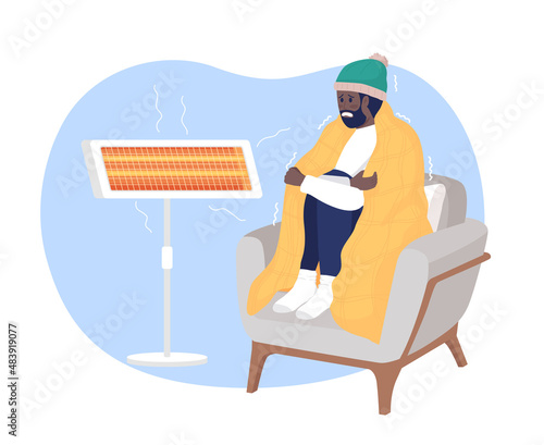 Warming at home 2D vector isolated illustration. Freezing man sitting in armchair flat characters on cartoon background. Cold weather. Everyday situation and daily life colourful scene