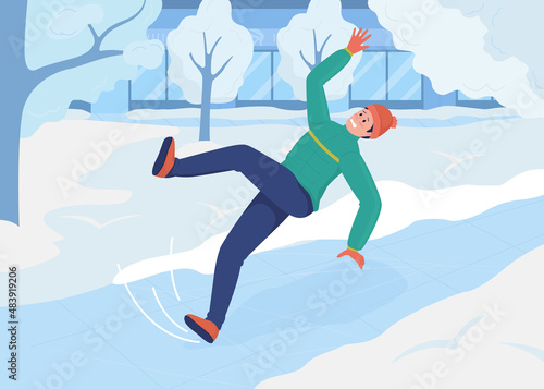 Winter weather problem flat color vector illustration. Everyday situation. Daily life. Falling worried man slipped on ice 2D cartoon character with seasonal urban landscape on background