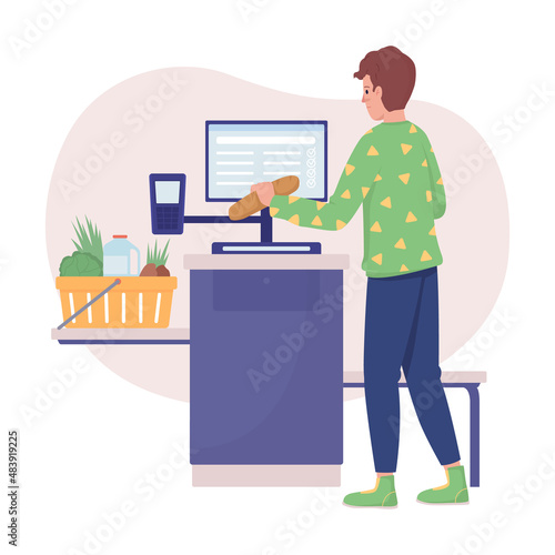 Scanner food in shop 2D vector isolated illustration. Man buying groceries at self checkout flat characters on cartoon background. Everyday situation and common tasks colourful scene