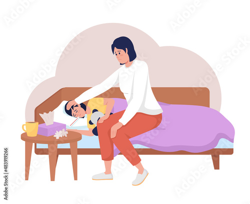 Kid with influenza 2D vector isolated illustration. Mom taking care of daughter with fever flat characters on cartoon background. Everyday situation and common tasks colourful scene