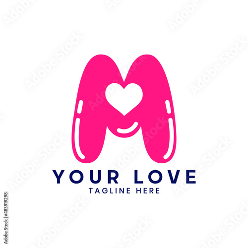 M letter heart icon,  Valentines day illustration 