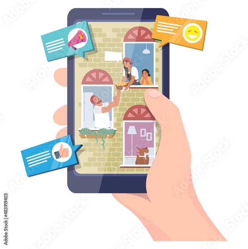 Communication with neighbors online, flat vector illustration. Neighbor home chat app.