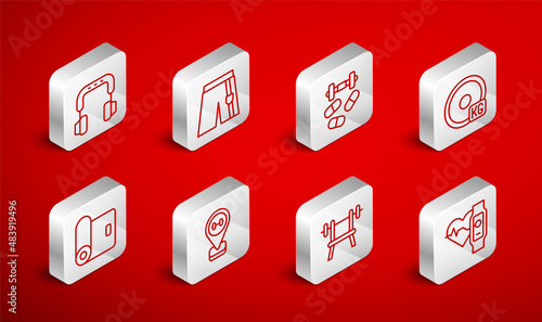 Set line Smart watch with heart, Short or pants, Sports doping dumbbell, Weight plate, Bench barbell, Headphones, Location gym and Fitness mat roll icon. Vector