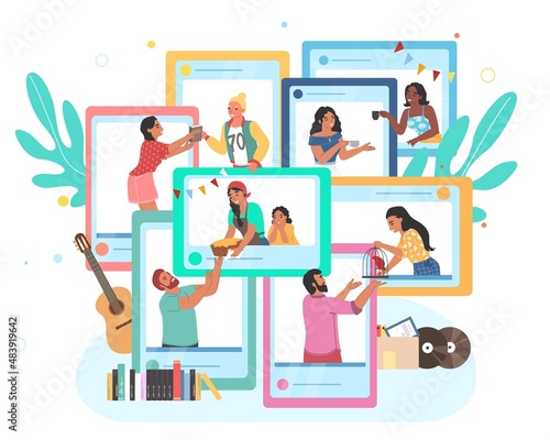 Communication with neighbors online, flat vector illustration. Neighbor home chat app.