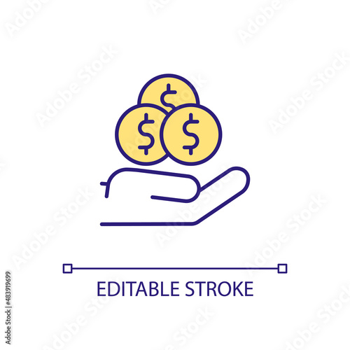 Donation RGB color icon. Financial support and grant. Sponsoring and funding. Support with cash. Isolated vector illustration. Simple filled line drawing. Editable stroke. Arial font used