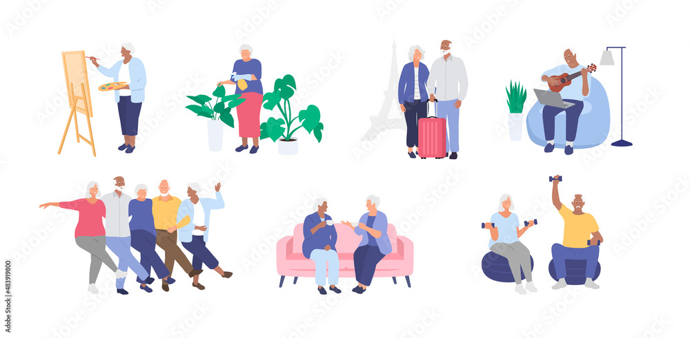 Seniors, elderly people having fun together. Healthy and active lifestyle. Hobby. Grandmother and grandfather. Vector