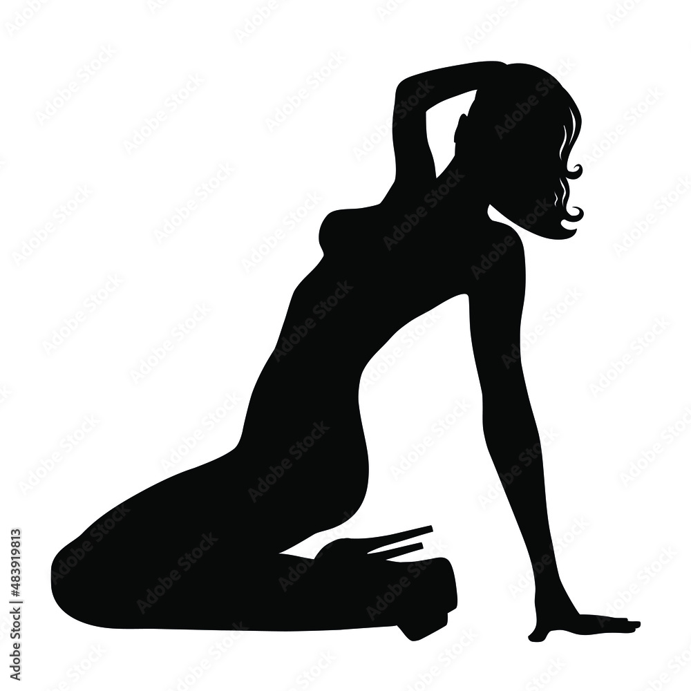 Vector silhouette of sexy lady in beautiful dansing pose. Shapes of sitting pinup girl. Beauty and fashion model icon isolated on white background. Vector silhouette of sexy lady in beautiful dansing pose. Shapes of sitting pinup girl. Beauty and fashion model icon isolated on white background.