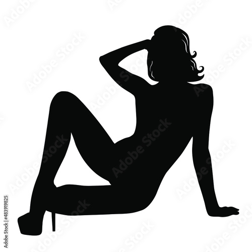 Sexy pinup girl siting in dancing shoes. Vector silhouette of beautiful woman. Beauty and fashion model icon isolated on white background.