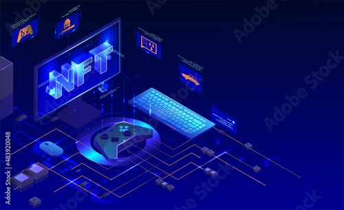 NFT pc video games, neon light vector isometric illustration. Non fungible token, NFT blockchain technology.