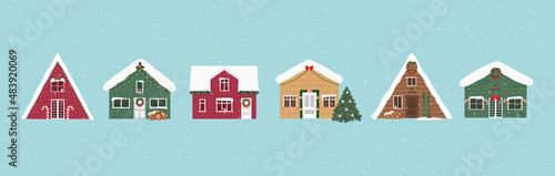 Cute Christmas and winter houses. Christmas outdoor decorations. New year. Vector