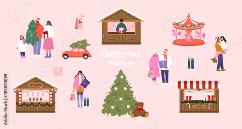 Christmas market. People buy christmas gifts. Vector