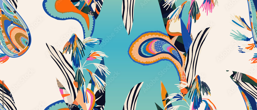 Modern hand drawn tropical paisley ornament pattern. Abstract trendy ethnic style. Fashionable vector template for your design. 