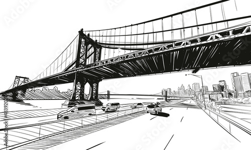 Manhattan bridge hand drawn industrial illustration. New York city vector sketch
