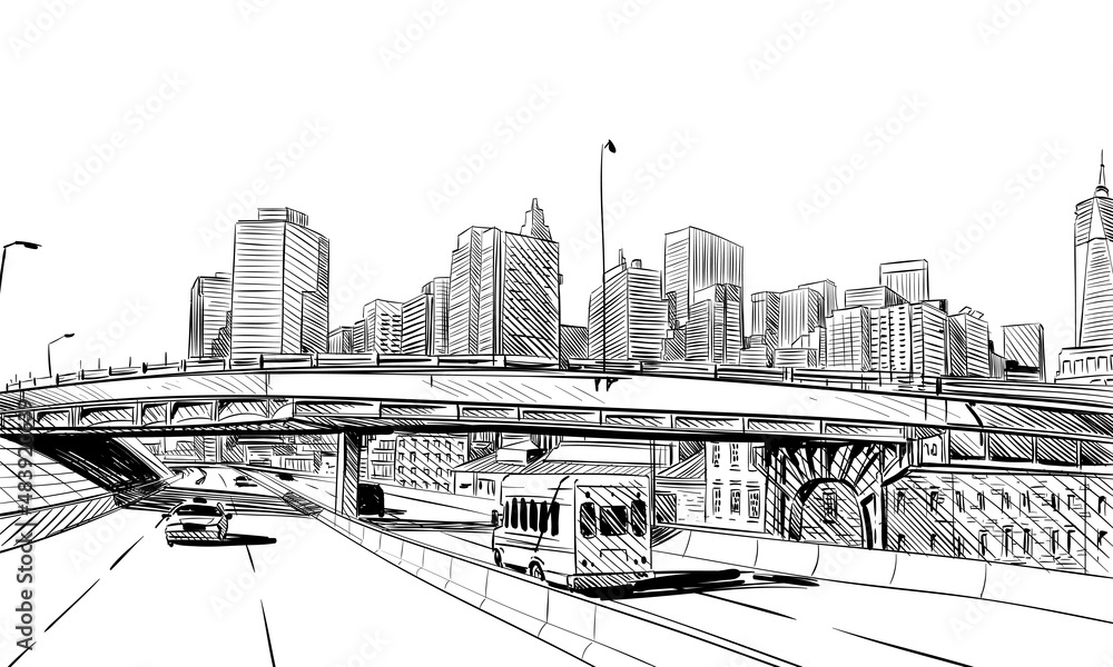 Manhattan bridge hand drawn industrial illustration. New York city vector sketch