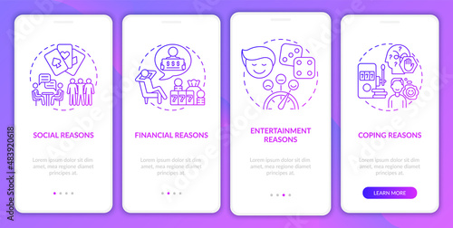 Reasons to gamble purple gradient onboarding mobile app screen. Walkthrough 4 steps graphic instructions pages with linear concepts. UI, UX, GUI template. Myriad Pro-Bold, Regular fonts used