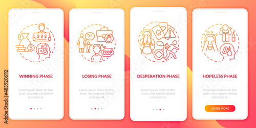 Phases of gambling addiction red gradient onboarding mobile app screen. Walkthrough 4 steps graphic instructions pages with linear concepts. UI, UX, GUI template. Myriad Pro-Bold, Regular fonts used