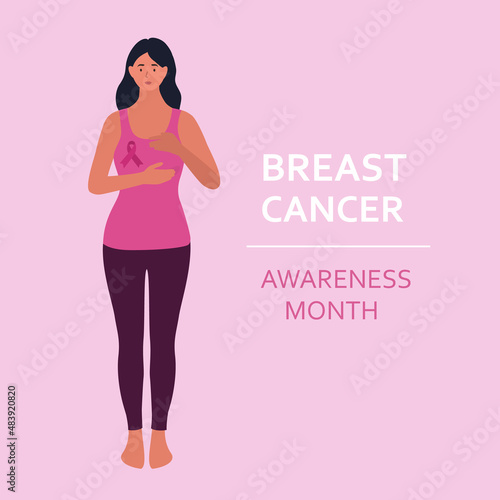Breast Cancer Awareness month. Young woman illustration. Breast cancer prevention. Vector
