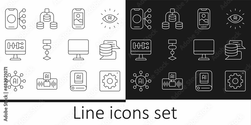 Set line Computer api interface, Server, Data, Mobile phone, Algorithm, Neural network, monitor and icon. Vector Set line Computer api interface, Server, Data, Mobile phone, Algorithm, Neural network, monitor and icon. Vector