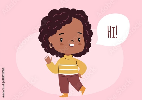 Cute chibi girl character shown full body saying Hi. African American cartoon woman photo