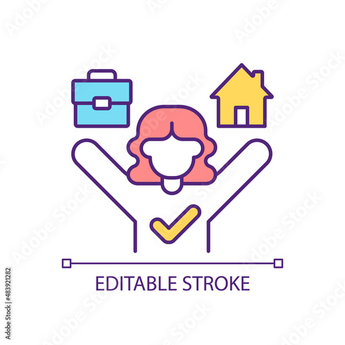 Working woman balance between job and home RGB color icon. Maintaining work-life stability. Healthy approach. Isolated vector illustration. Simple filled line drawing. Editable stroke. Arial font used