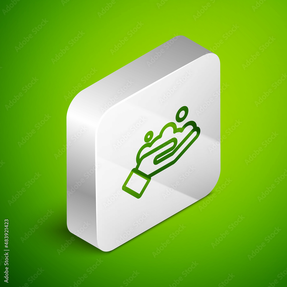 Isometric line Washing hands with soap icon isolated on green background. Washing hands with soap to prevent virus and bacteria. Silver square button. Vector Illustration