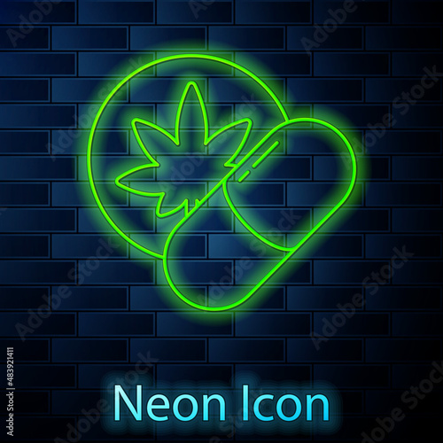 Glowing neon line Herbal ecstasy tablets icon isolated on brick wall background. Vector Illustration