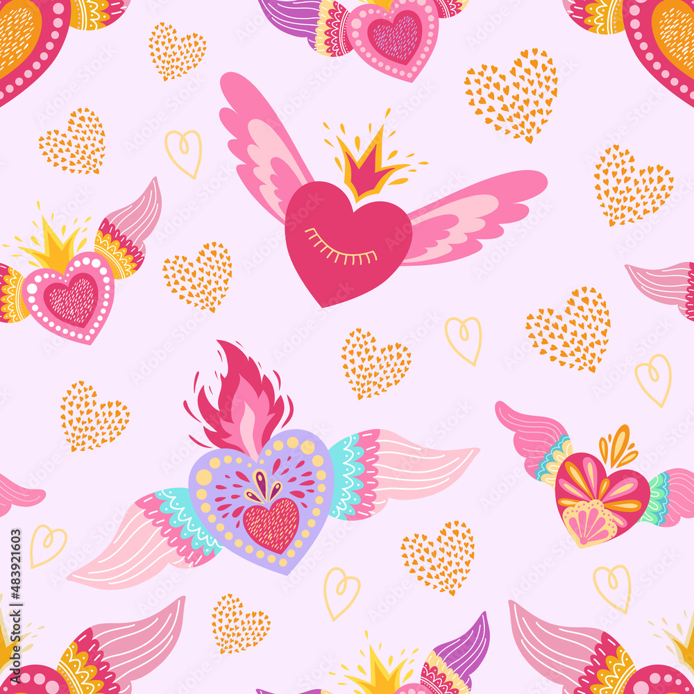 Decorative pattern hearts with wings for valentines day bright love decor for cards posters invitations wedding holiday party. Vector illustration Decorative pattern hearts with wings for valentines day bright love decor for cards posters invitations wedding holiday party. Vector illustration