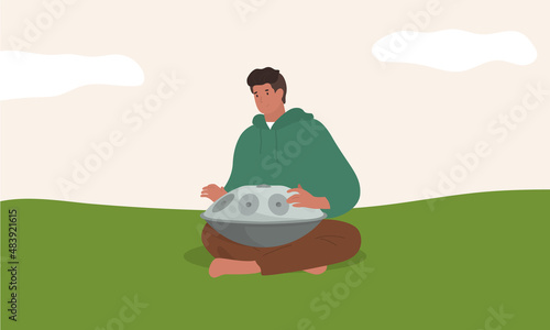 Handpan artist. Musician playing pand pan music. Vector