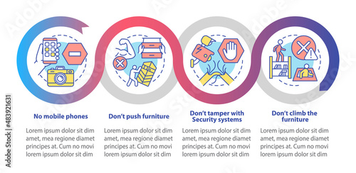 Escape room restrictions loop infographic template. No camera. Data visualization with 4 steps. Process timeline info chart. Workflow layout with line icons. Myriad Pro-Bold, Regular fonts used