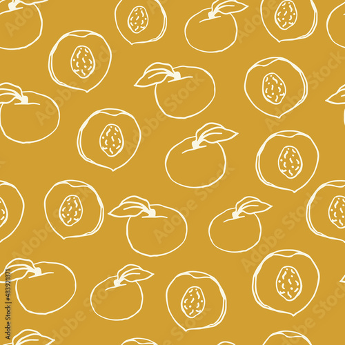 Peaches. Seamless pattern. Hand drawn. Sketch art. Vector