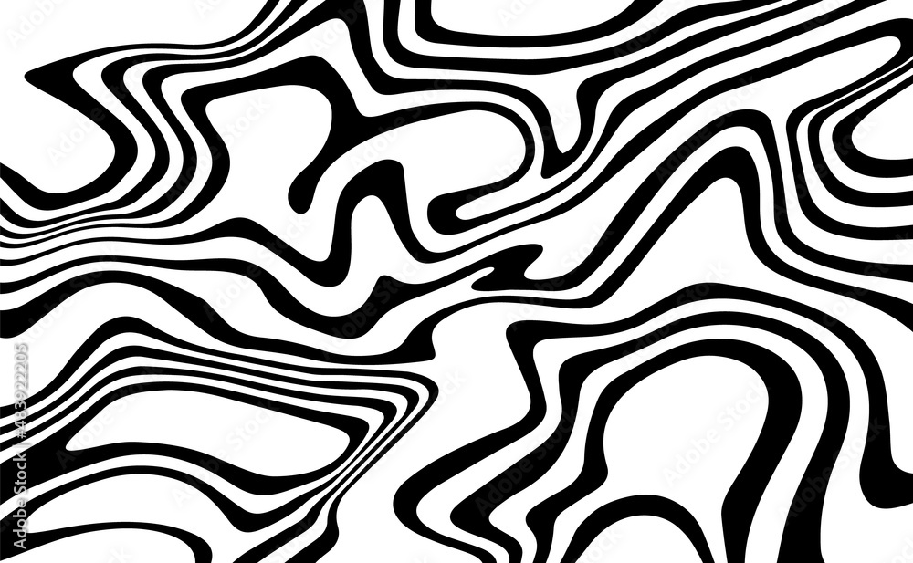 Black and white abstract striped background.Optical illusion of wrapped shapes.Smooth and wavy lines.Vector illustration. Black and white abstract striped background.Optical illusion of wrapped shapes.Smooth and wavy lines.Vector illustration.