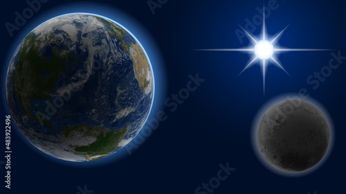 Earth, Moon and Sun. Outer space abstract background