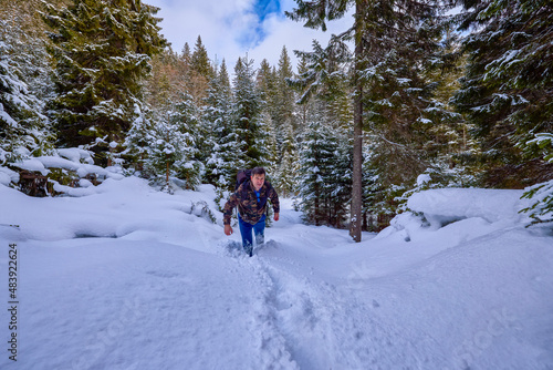 a tourist in winter landscape in the mountains