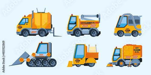 City cleaning machines. Emergency urban transport garbage cleaning machines vehicles for sanitation roads blizzard sweepers garish vector flat illustrations