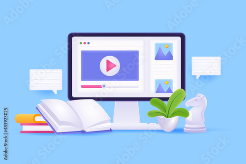 Education and e-learning concept 3D illustration. Icon composition with video lesson on computer screen, open book, chess, plant. Online studying and courses. Vector illustration for modern web design