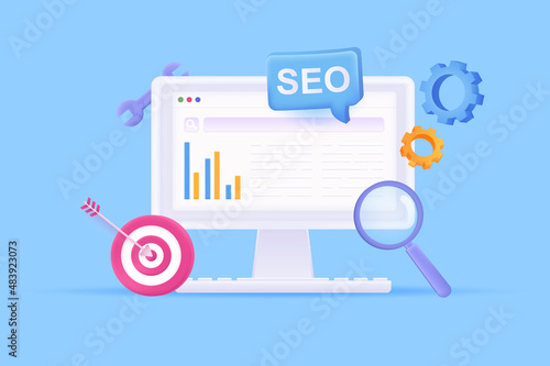 Seo optimization concept 3D illustration. Icon composition with search line and keywords on computer screen, magnifier, aiming target, settings and gears. Vector illustration for modern web design