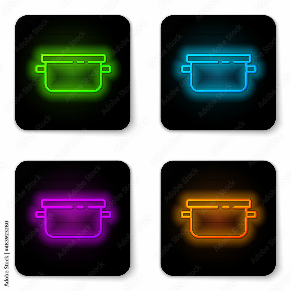 Glowing neon line Cooking pot icon isolated on white background. Boil or stew food symbol. Black square button. Vector Glowing neon line Cooking pot icon isolated on white background. Boil or stew food symbol. Black square button. Vector