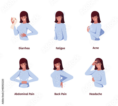Premenstrual syndrome. Sensitive menstruation cycles woman emotions face constipation bloating diarrhea female periods garish vector flat colored illustrations