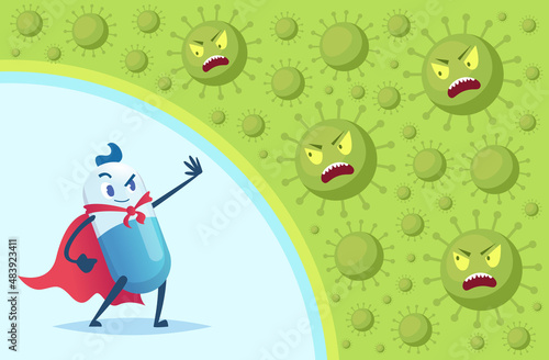 Virus protection background. Strong antibiotic fight bacteria medicine vitamins medical treatment exact vector concept picture