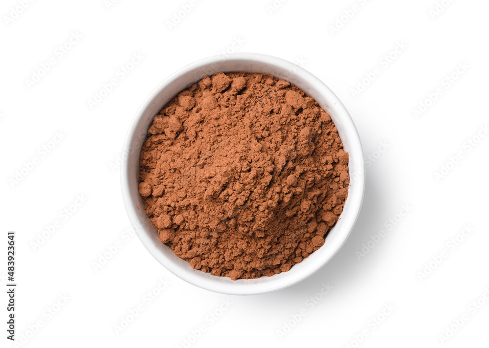 Top view of Cocoa powder in white bowl isolated on white background. Clipping path Top view of Cocoa powder in white bowl isolated on white background. Clipping path