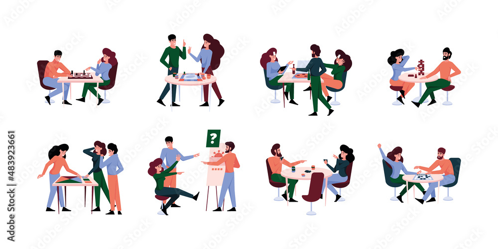Fun board games. Happy adults and kids playing at board games chess latto gaming dice poker garish vector flat people Fun board games. Happy adults and kids playing at board games chess latto gaming dice poker garish vector flat people
