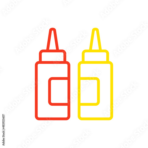 Botes de salsa mostaza y ketchup. Salsa picante envasada en botella de plástico. Icono plano con lineas en color amarillo y color rojo