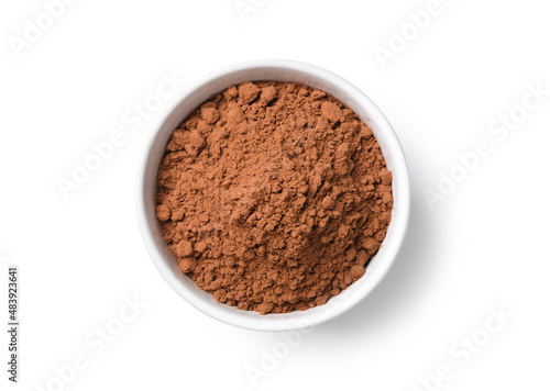 Top view of Cocoa powder in white bowl isolated on white background. Clipping path