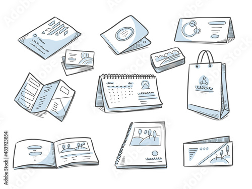 Printing production. Hand drawn promotional advertising material brochures visit cards for business exhibition recent vector doodle illustrations