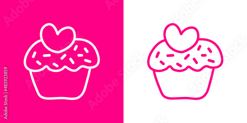Icono plano cupcake con corazón con líneas en fondo rosa y fondo blanco