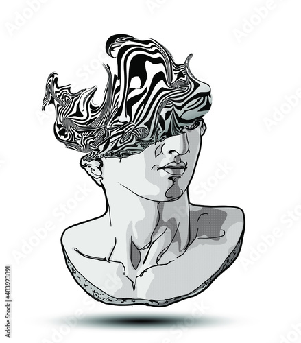 Vector hand drawn illustration of classical sculpture fragment of colossal head with abstract waving stripes coming out of the broken side. Isolated on white background. 