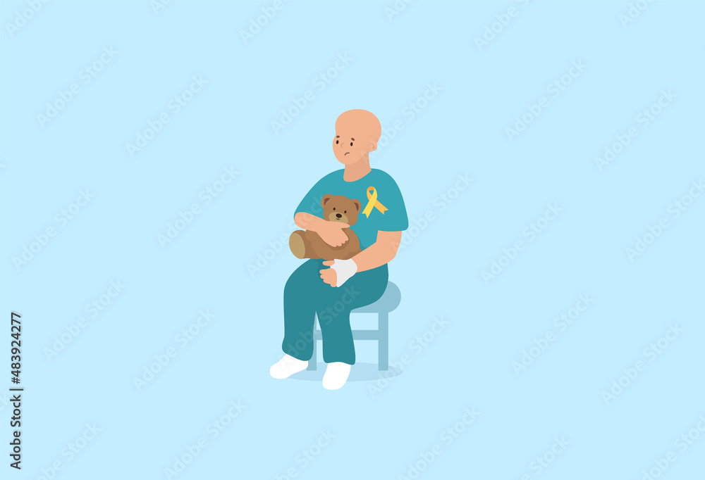 Weak, sad and lonely boy sitting with a toy. Childhood cancer illustration. Vector Weak, sad and lonely boy sitting with a toy. Childhood cancer illustration. Vector