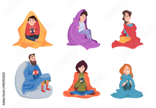 People under blanket. Covered person couples and lonely sick characters under blanket scared exact vector cartoon illustrations